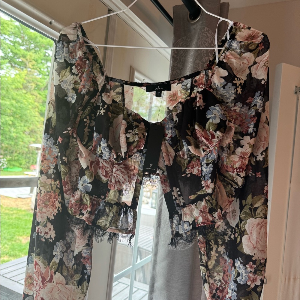 Lulu's Black Floral Sheer Blouse